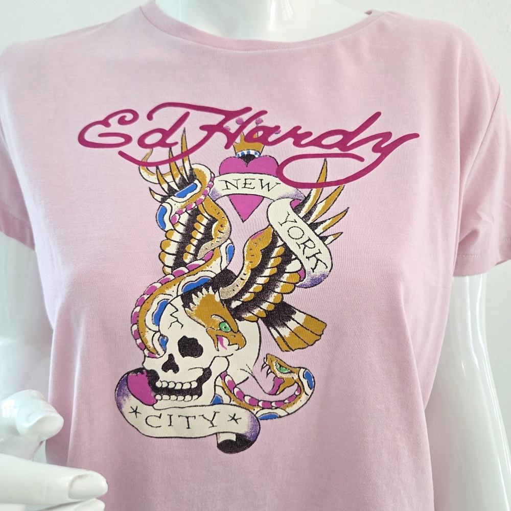 Y2K Ed Hardy Light Pink Snake Skull Tattoo Graphic Art XLarge Cropped Tee NYC - Picture 6 of 15